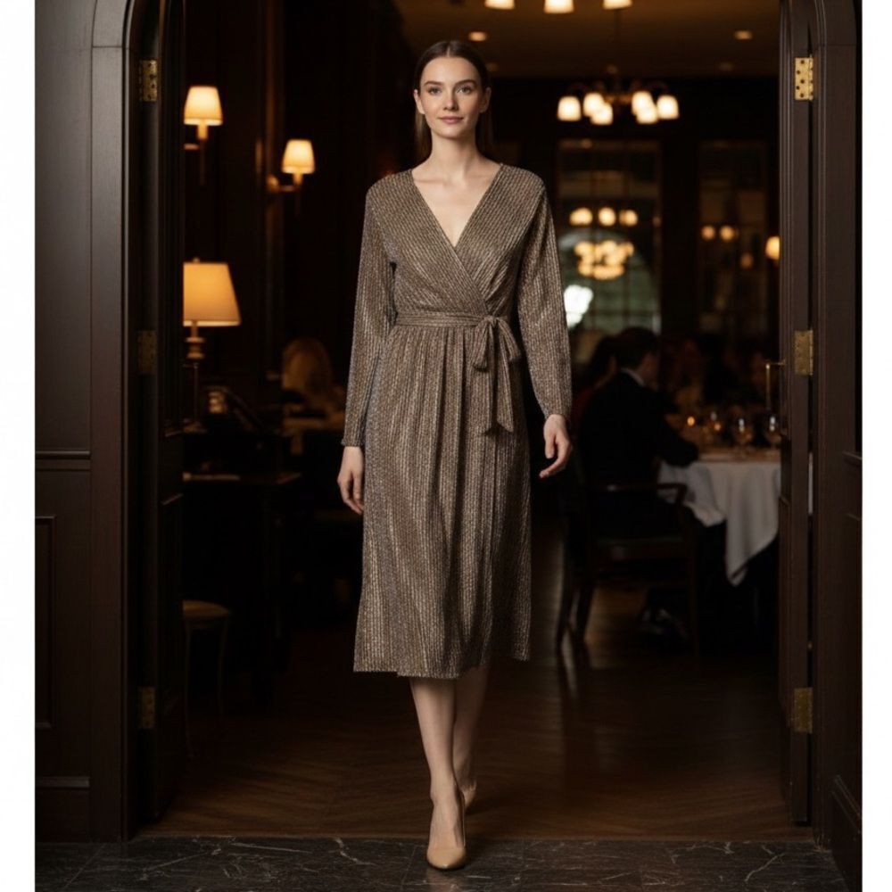 CHAUS Glimmery Tie-Waist Midi Dress - Size L Gold/Plum